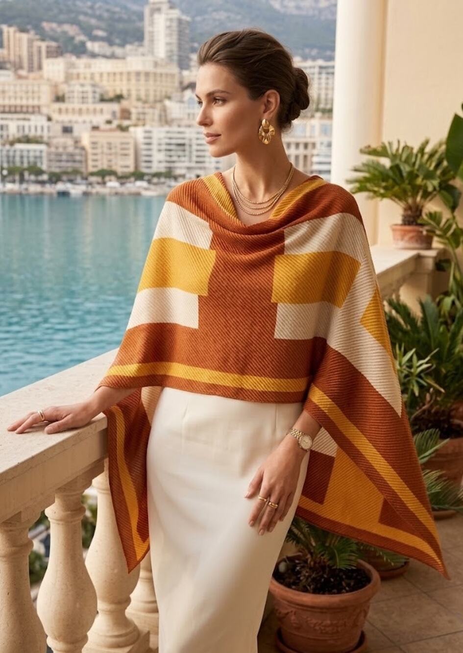 Knit Wrap Scarf Metallic H Pattern Orange Gold Shimmer